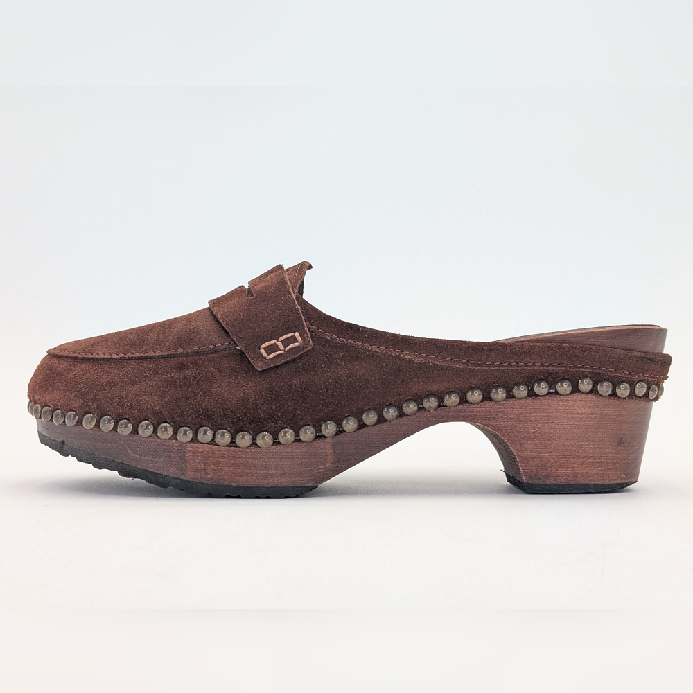 Michael Kors Women Sz 8 Studded Italian-Made Brown Suede Leather Clog Wood-Soles - Picture 3 of 17